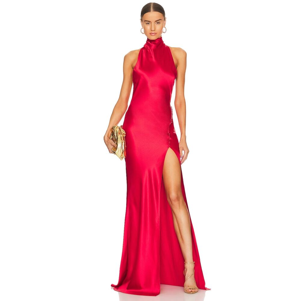 Sau Lee Penelope Gown Red Satin Halter Neck Open Back Button Side Slit Sz 0